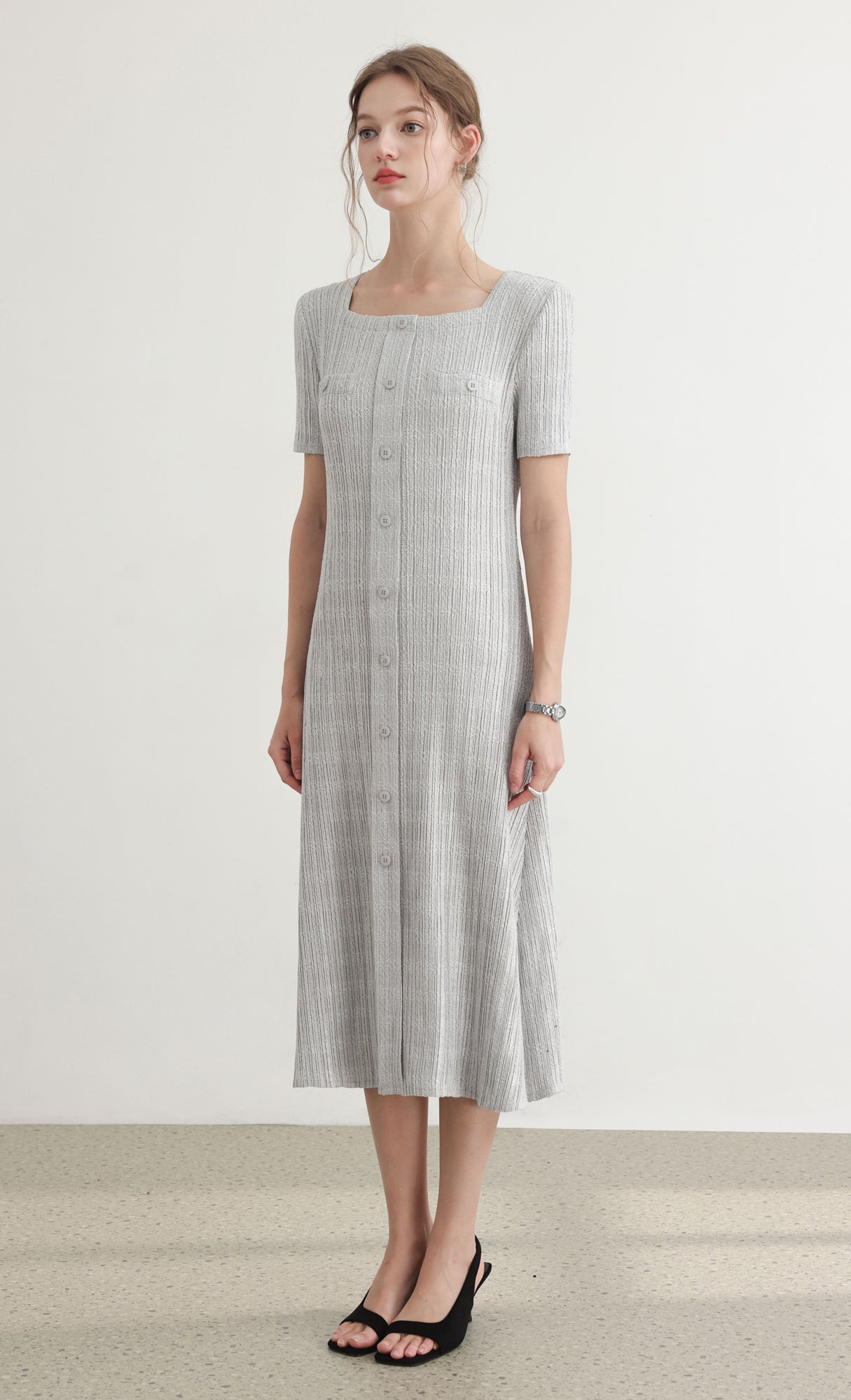 Tweed pleats square neck dress_grey