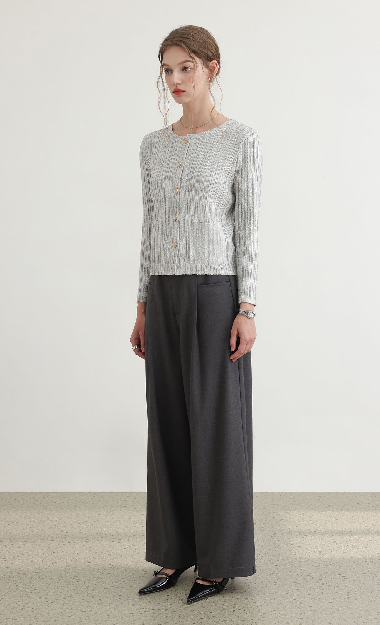Tweed pleats cardigan jacket_grey