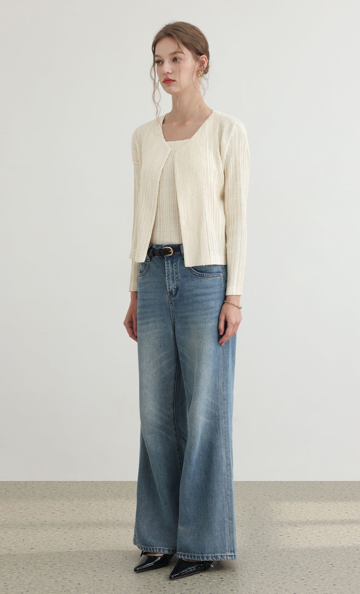 Tweed pleats cardigan_ivory