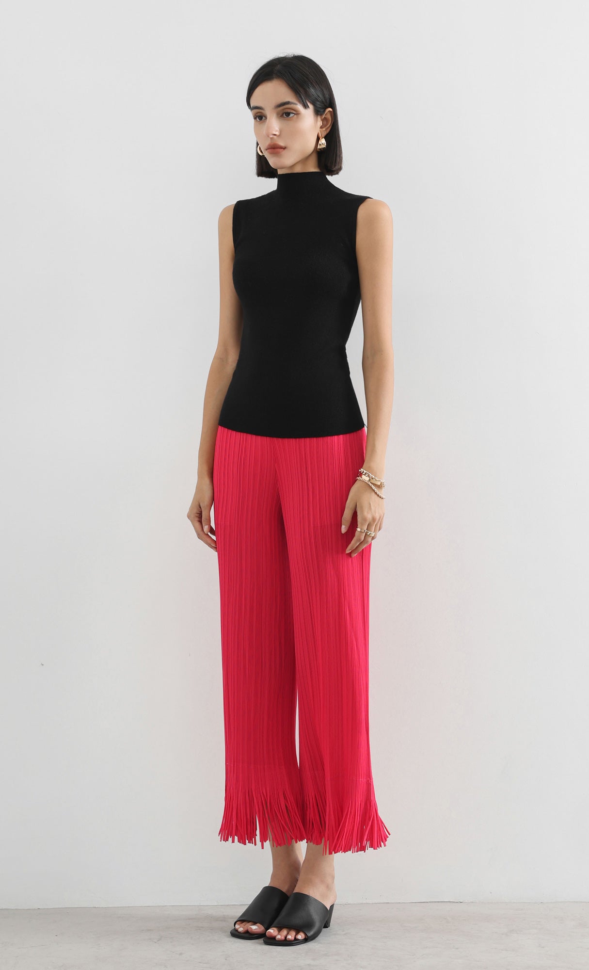 frill hem pleated pants_red
