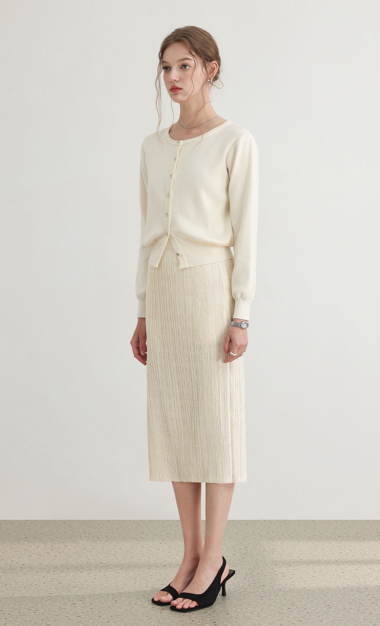 Tweed pleats banding skirt_ivory