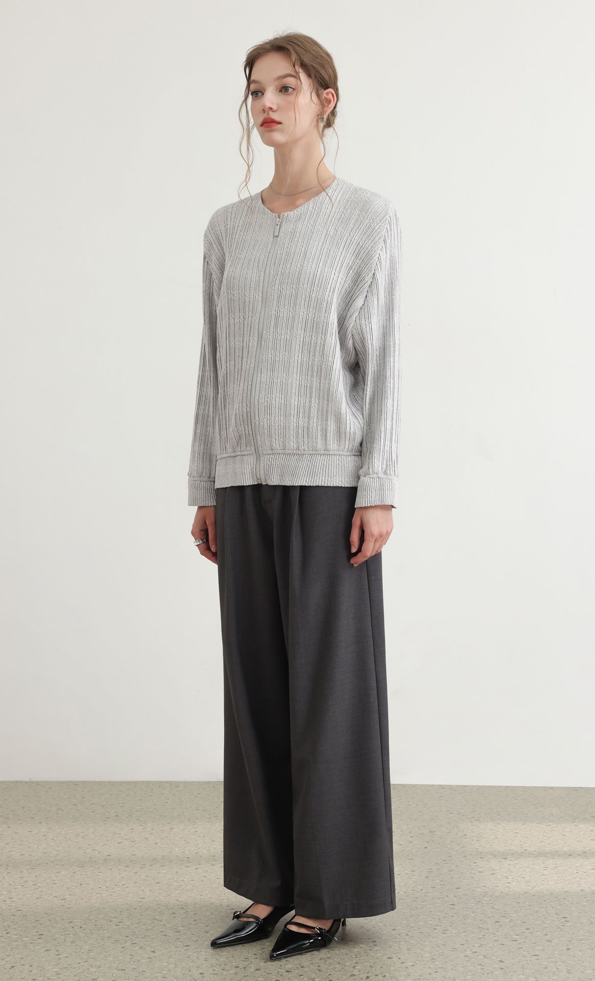 Tweed pleats blouson jumper_grey