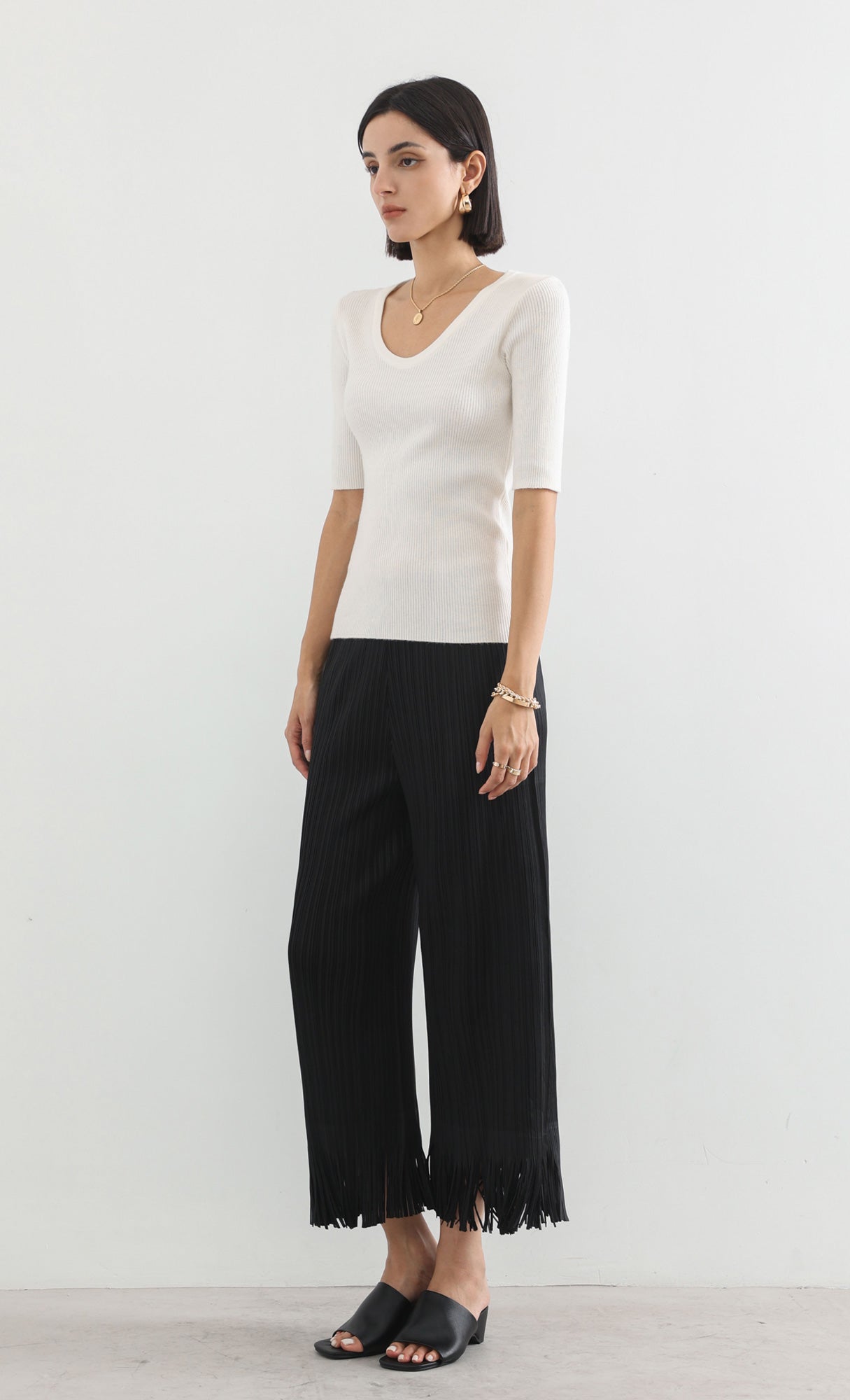 frill hem pleats pants_black