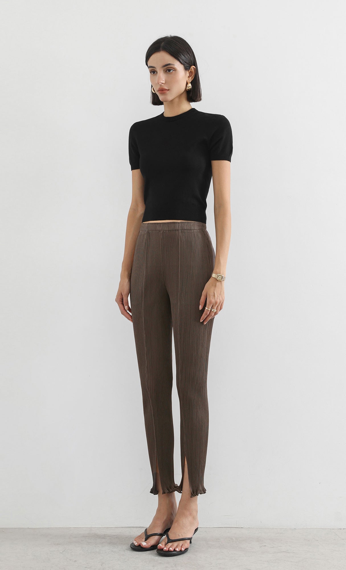 narrow pleated slit pants_brown