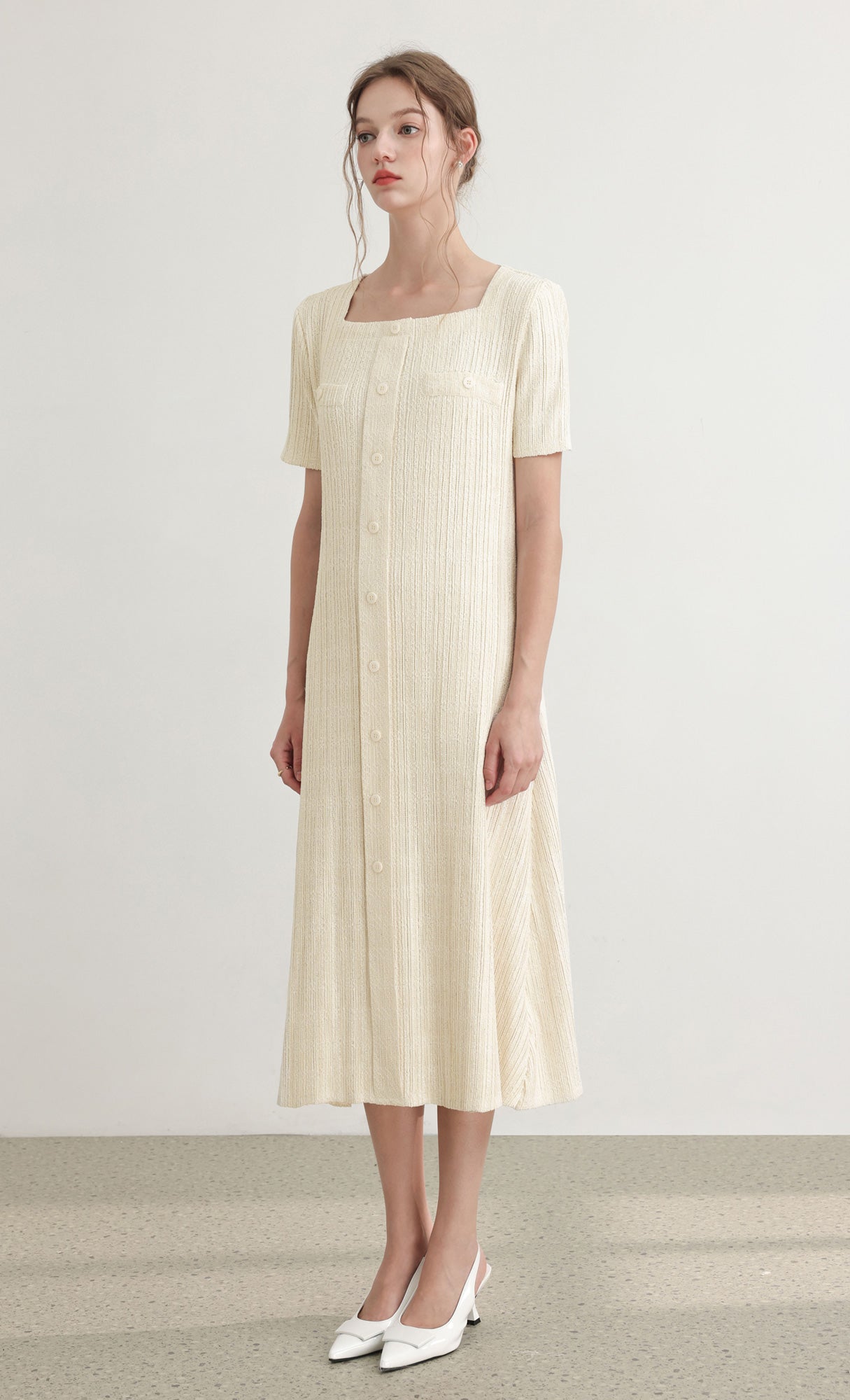 Tweed pleats square neck dress_ivory