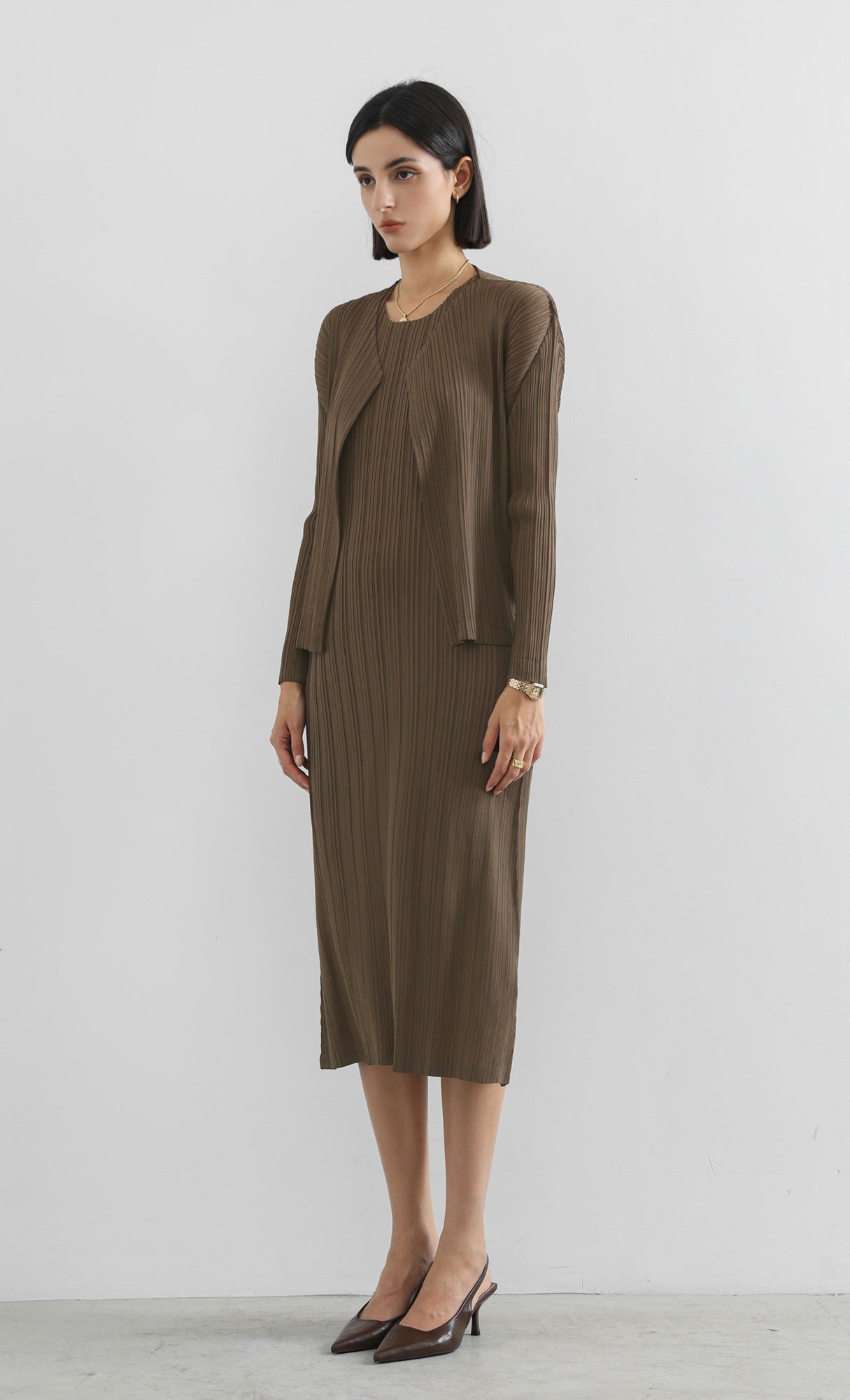 modi pleated cardigan_brown