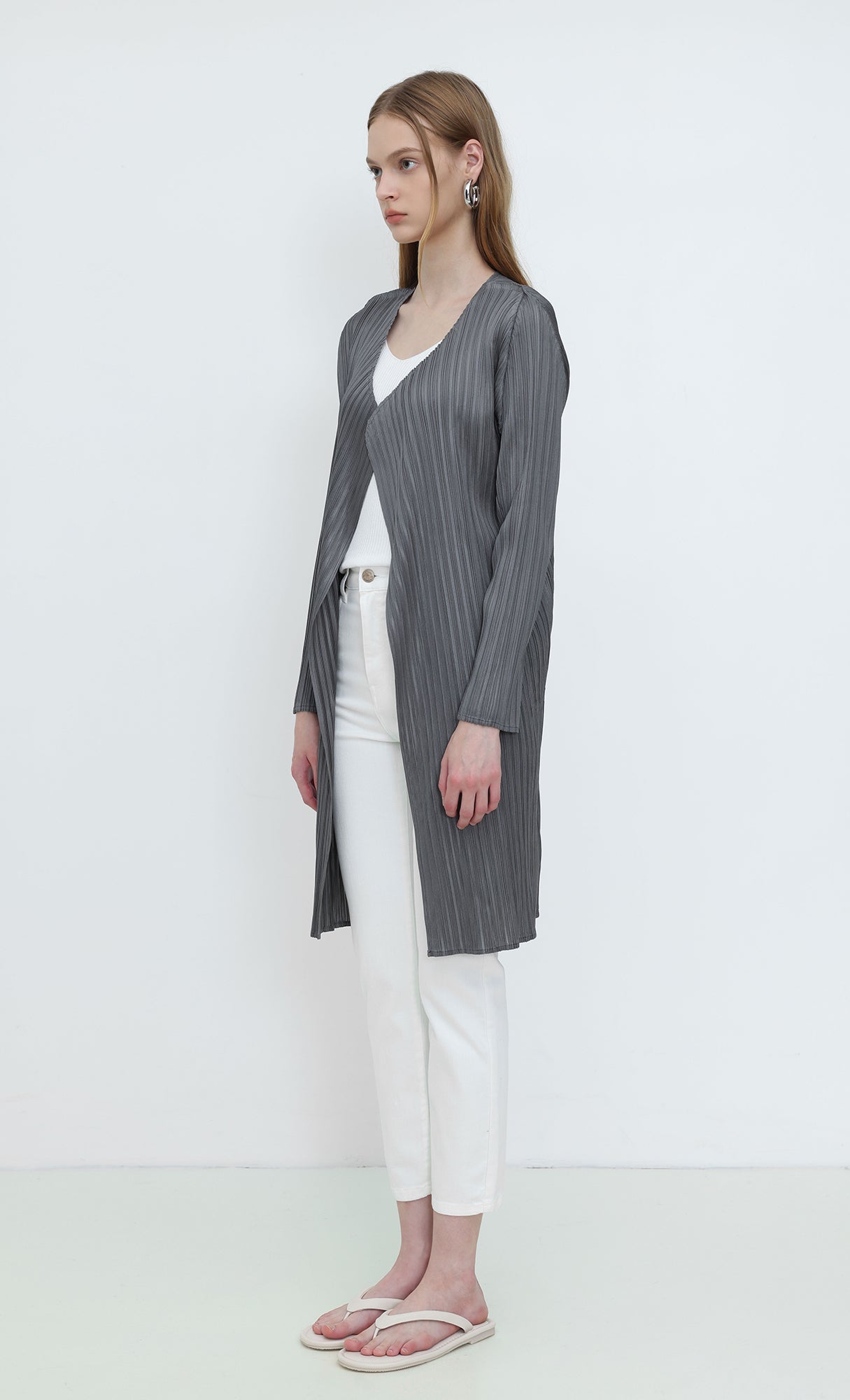 Core Pleated Long Cardigan_Charcoal