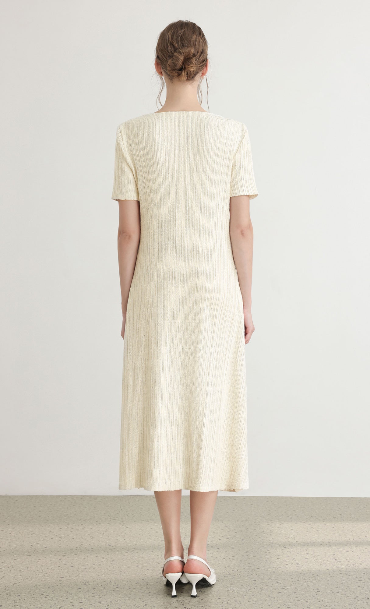 Tweed pleats square neck dress_ivory