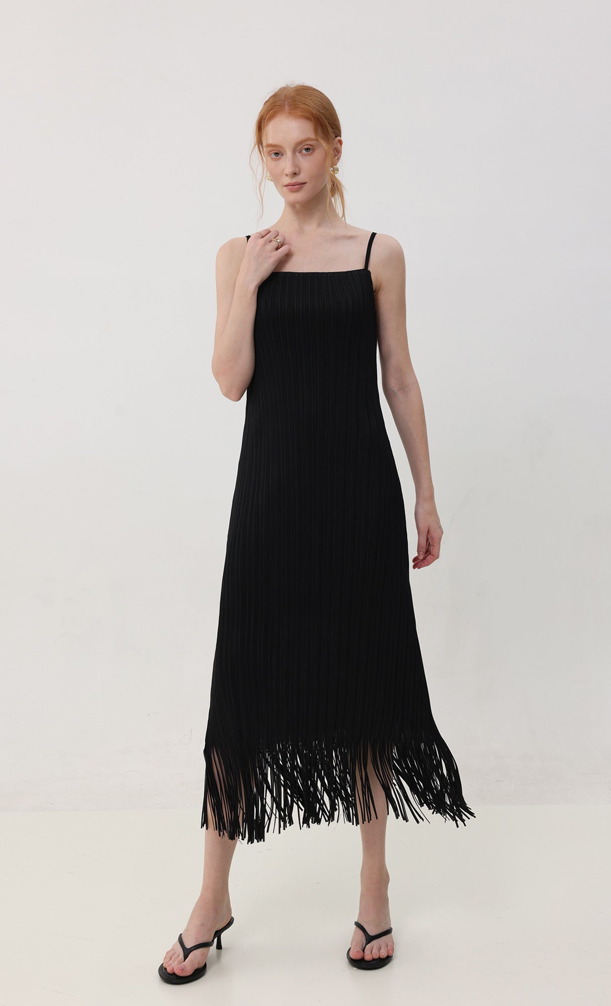 Fringe pleated slip dress_black