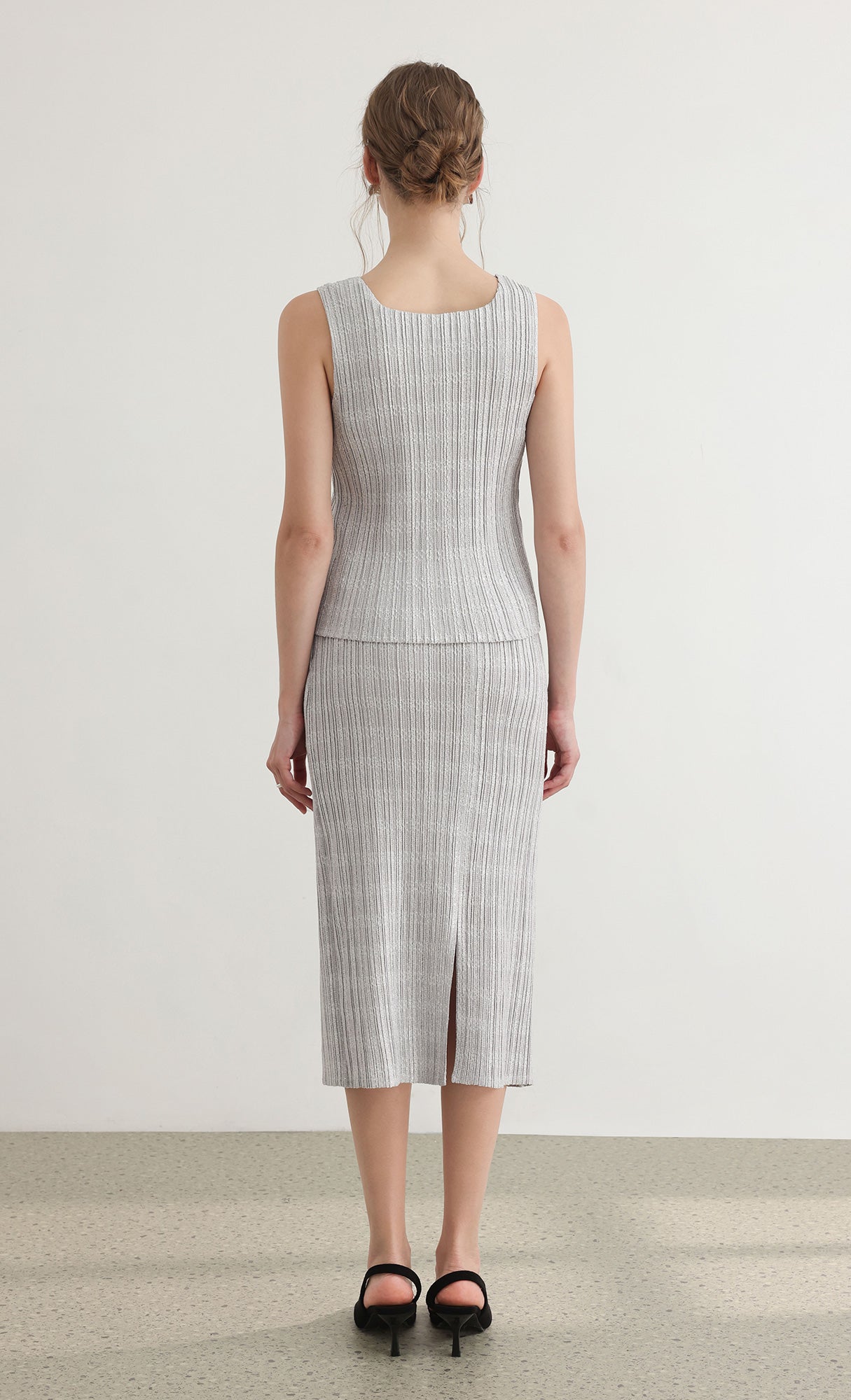 Tweed pleats banding skirt_grey