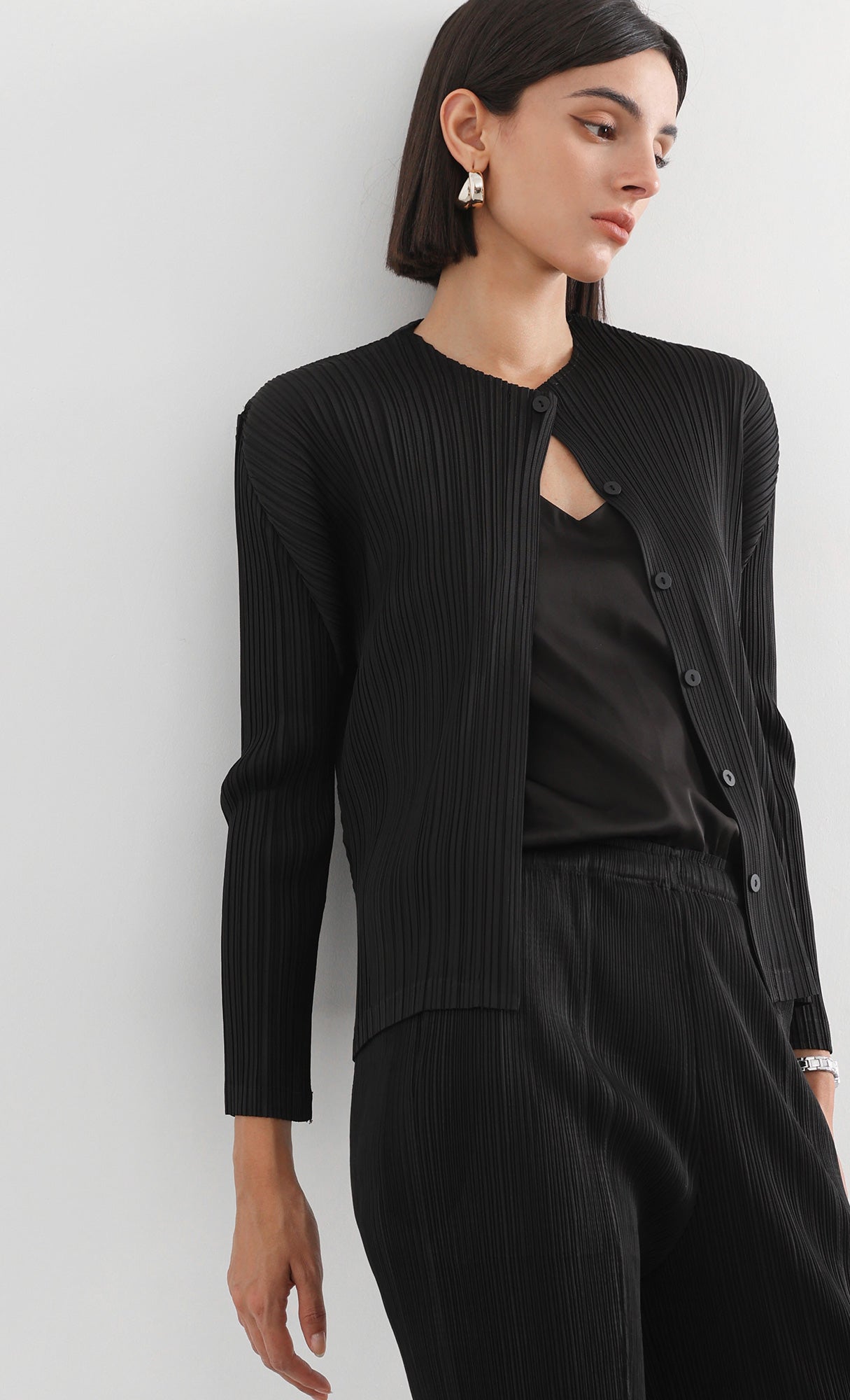 button basic pleated cardigan_black