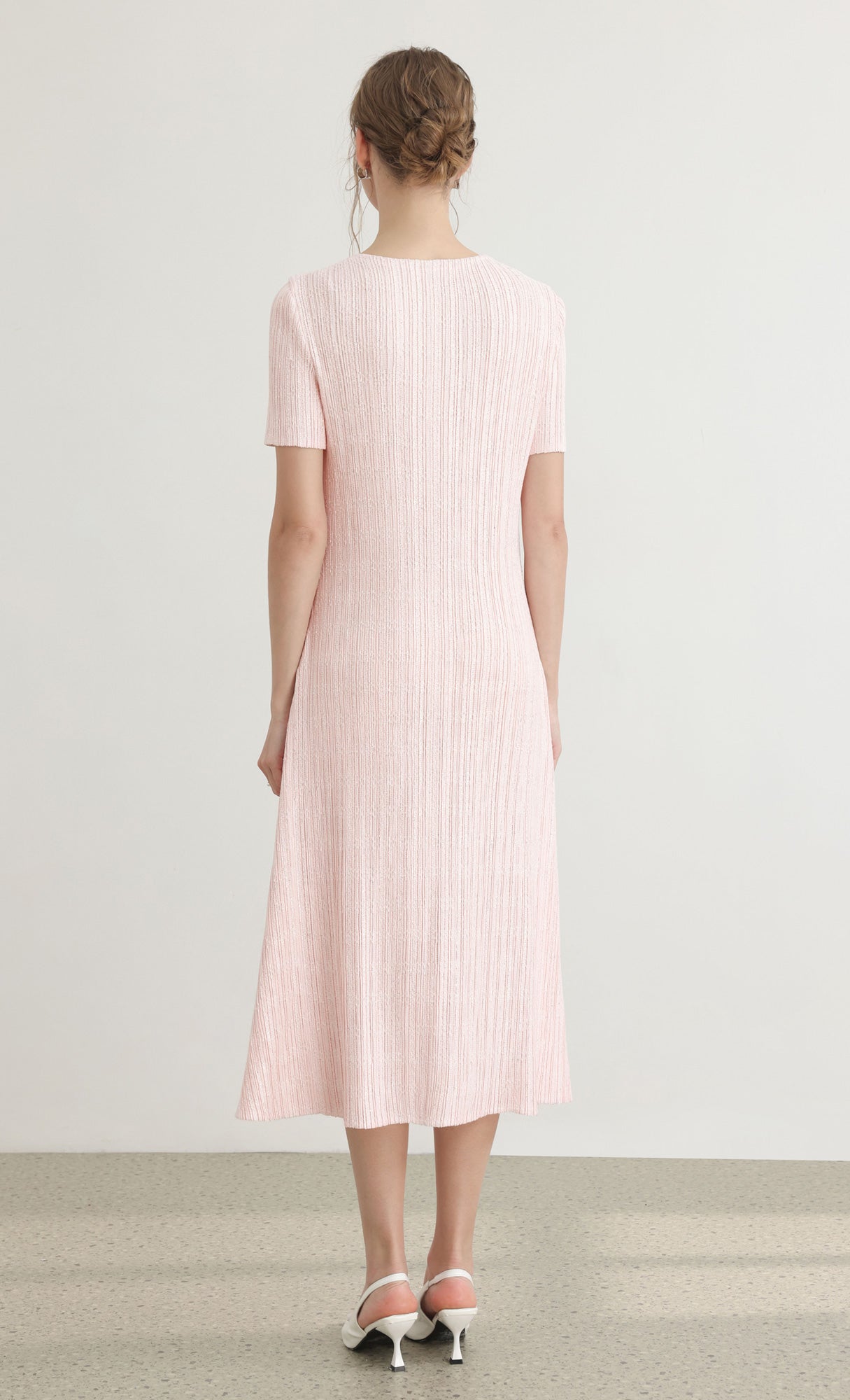 Tweed pleats square neck dress_pink