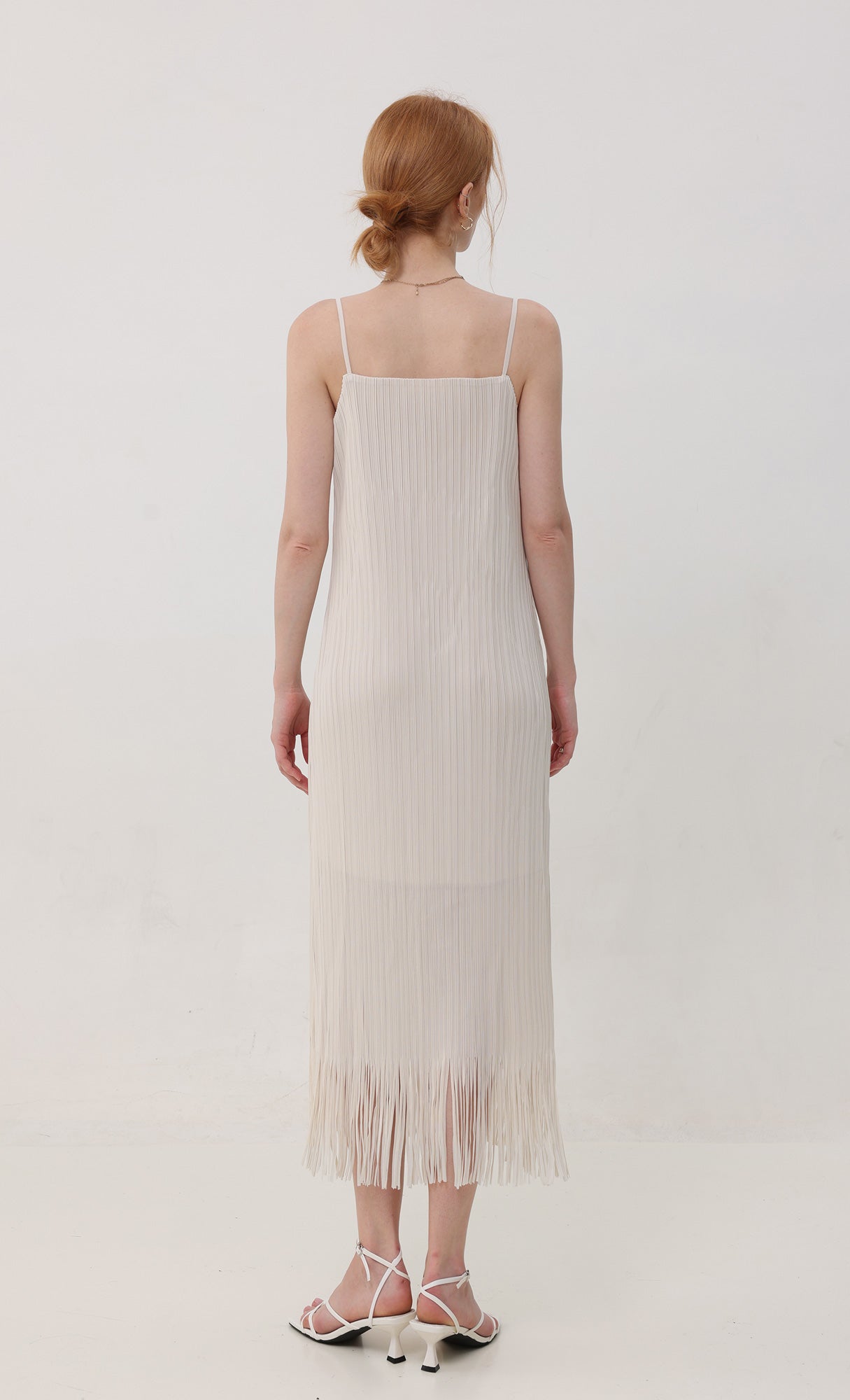 Fringe pleated slip dress_ivory