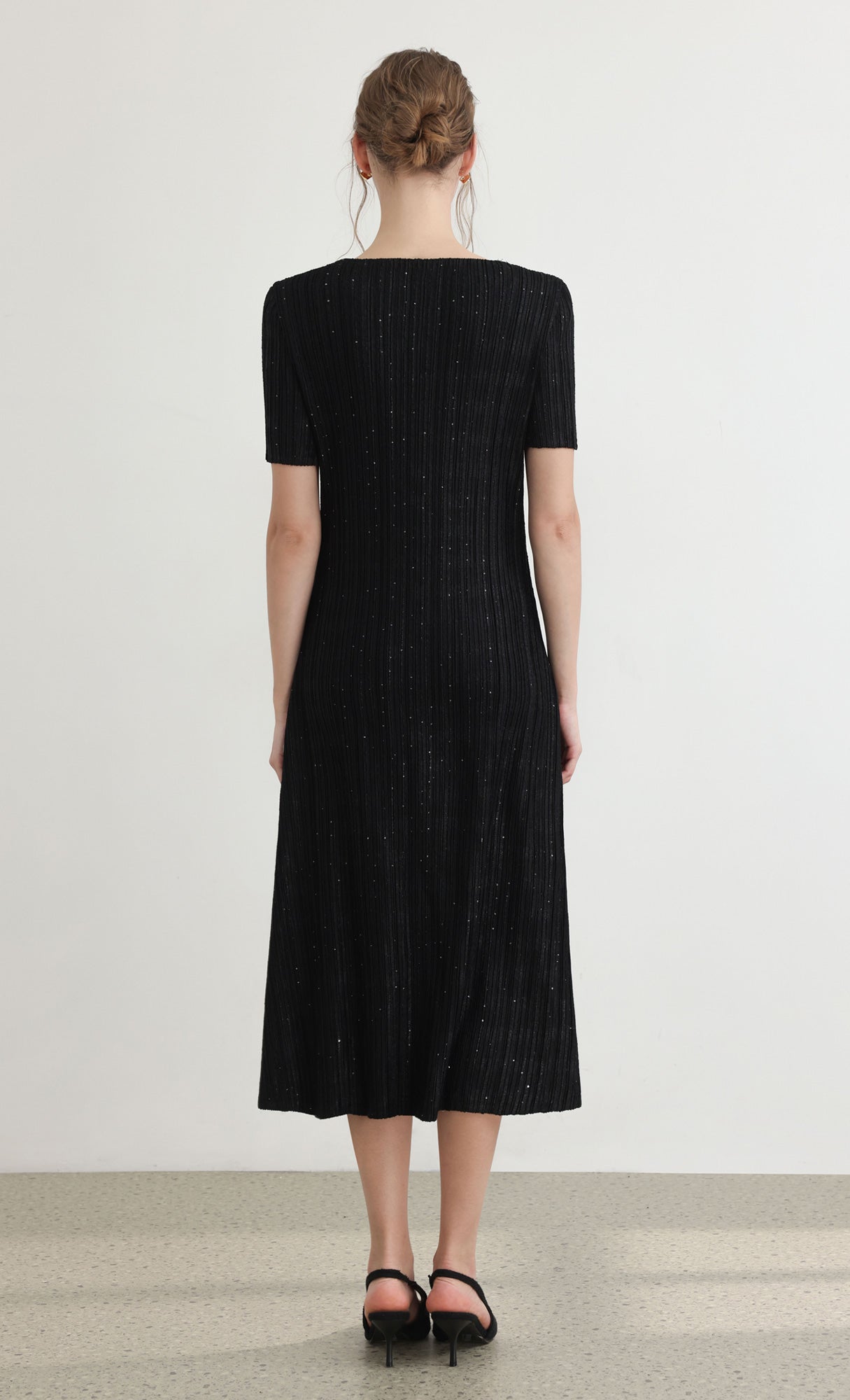 Tweed pleats square neck dress_black