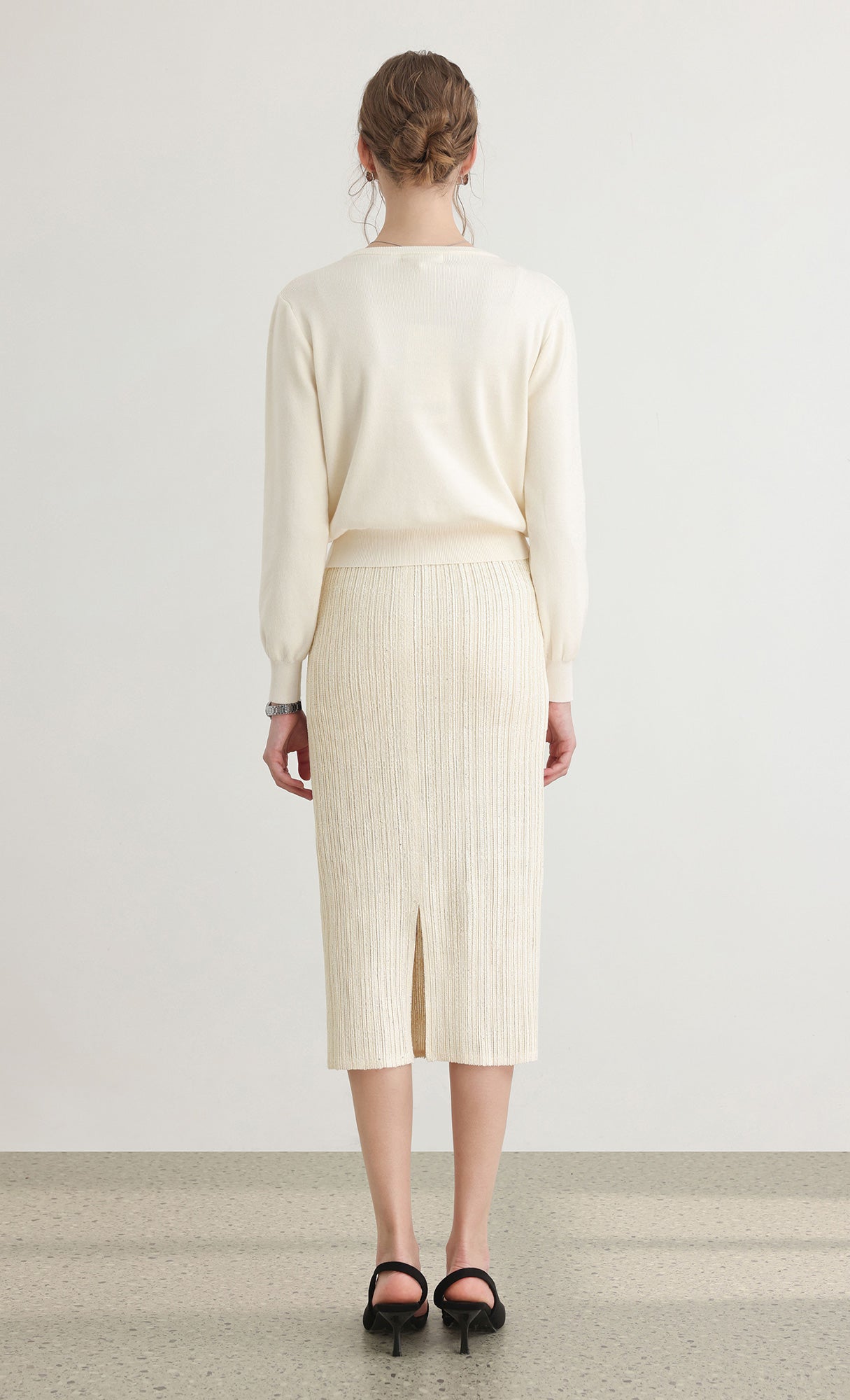 Tweed pleats banding skirt_ivory