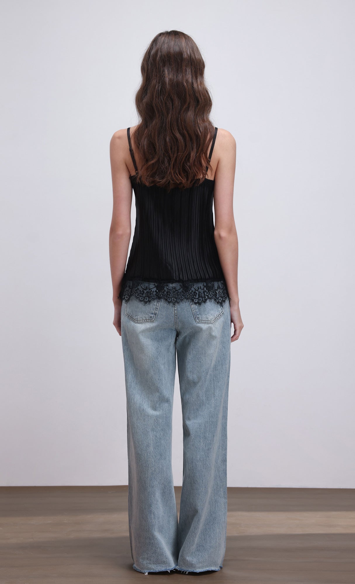 Pleated lace slip top_black