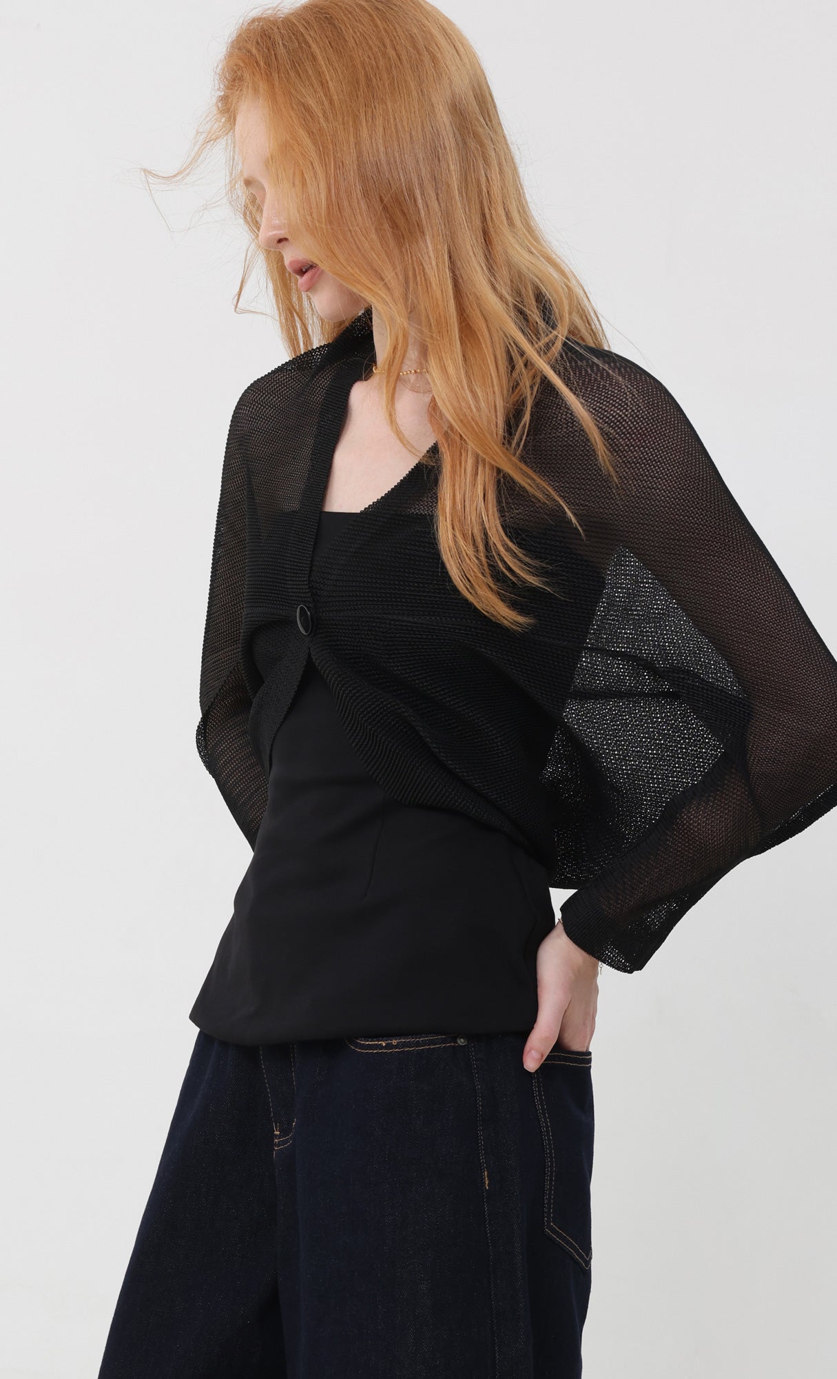 Lucid pleated mesh cardigan_black