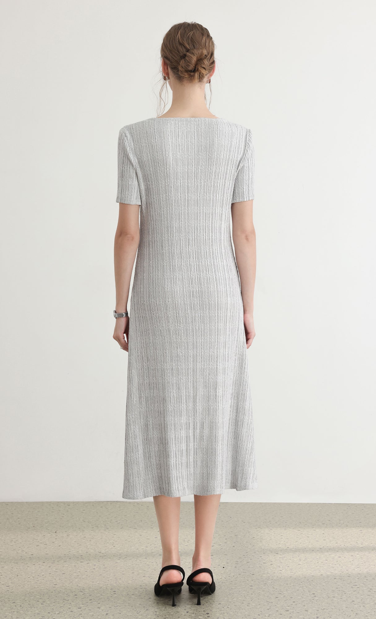 Tweed pleats square neck dress_grey