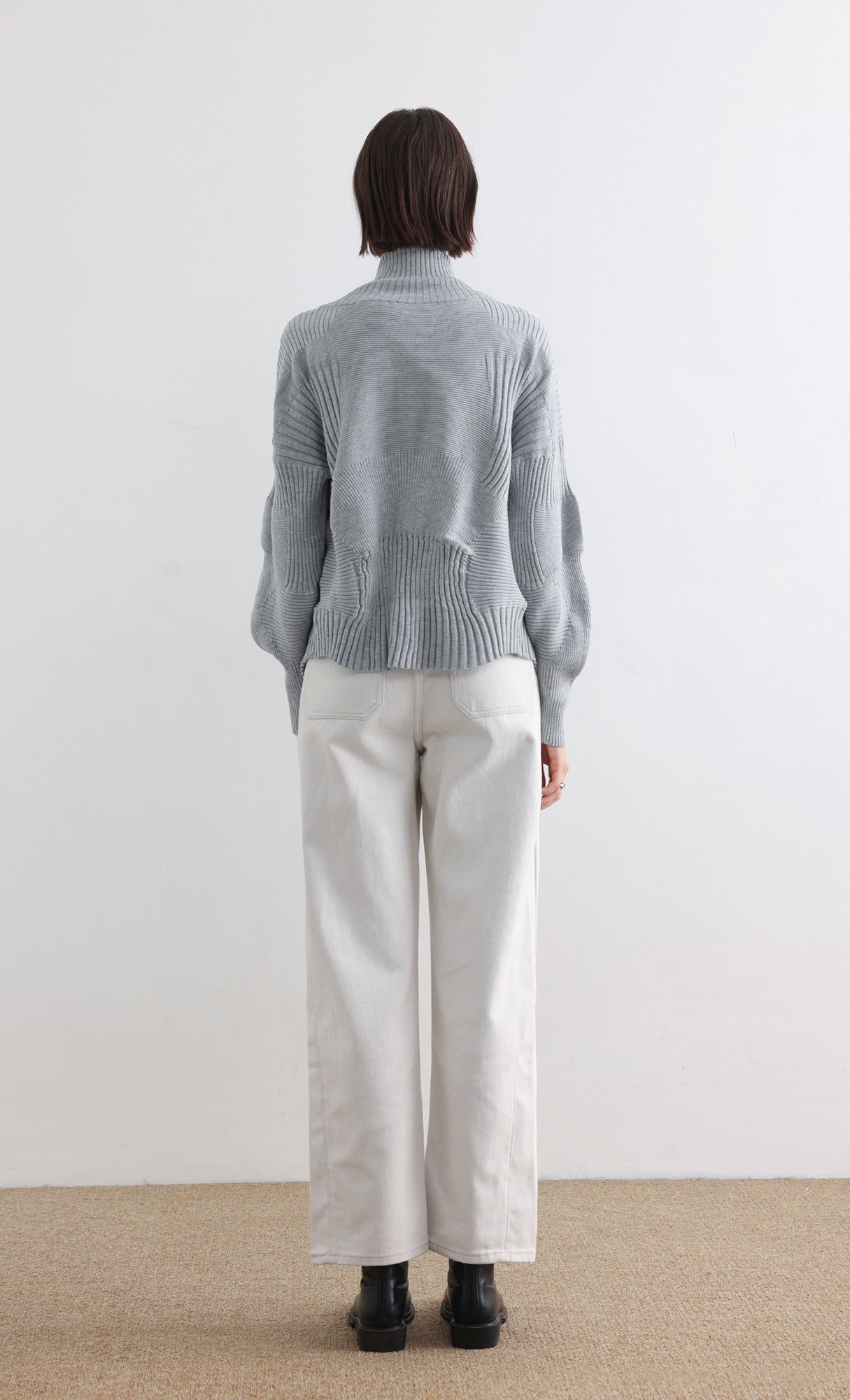 High Neck Knitted Pleated Zip-Up Cardigan_Grey