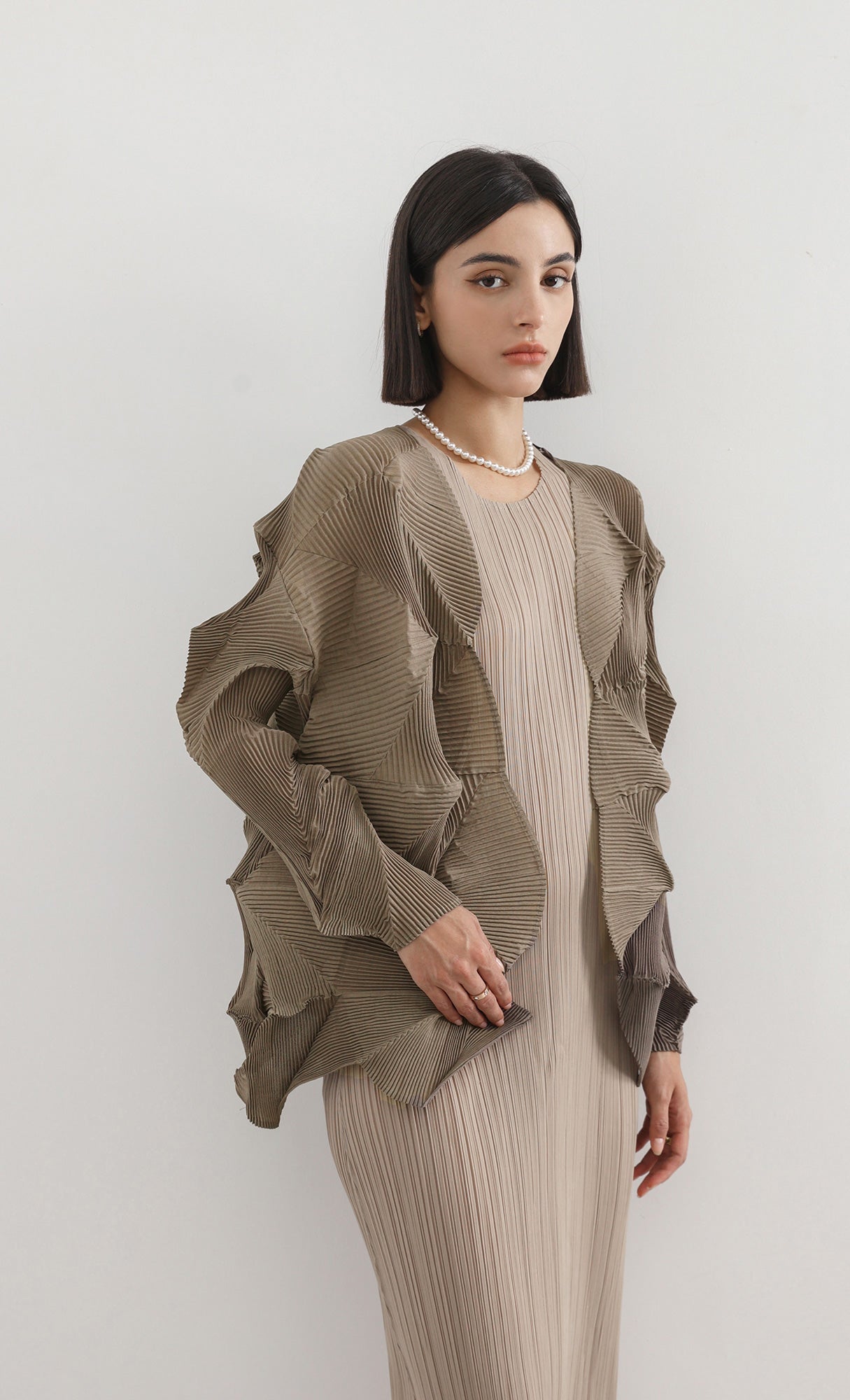 geo pleated jacket cardigan_brown