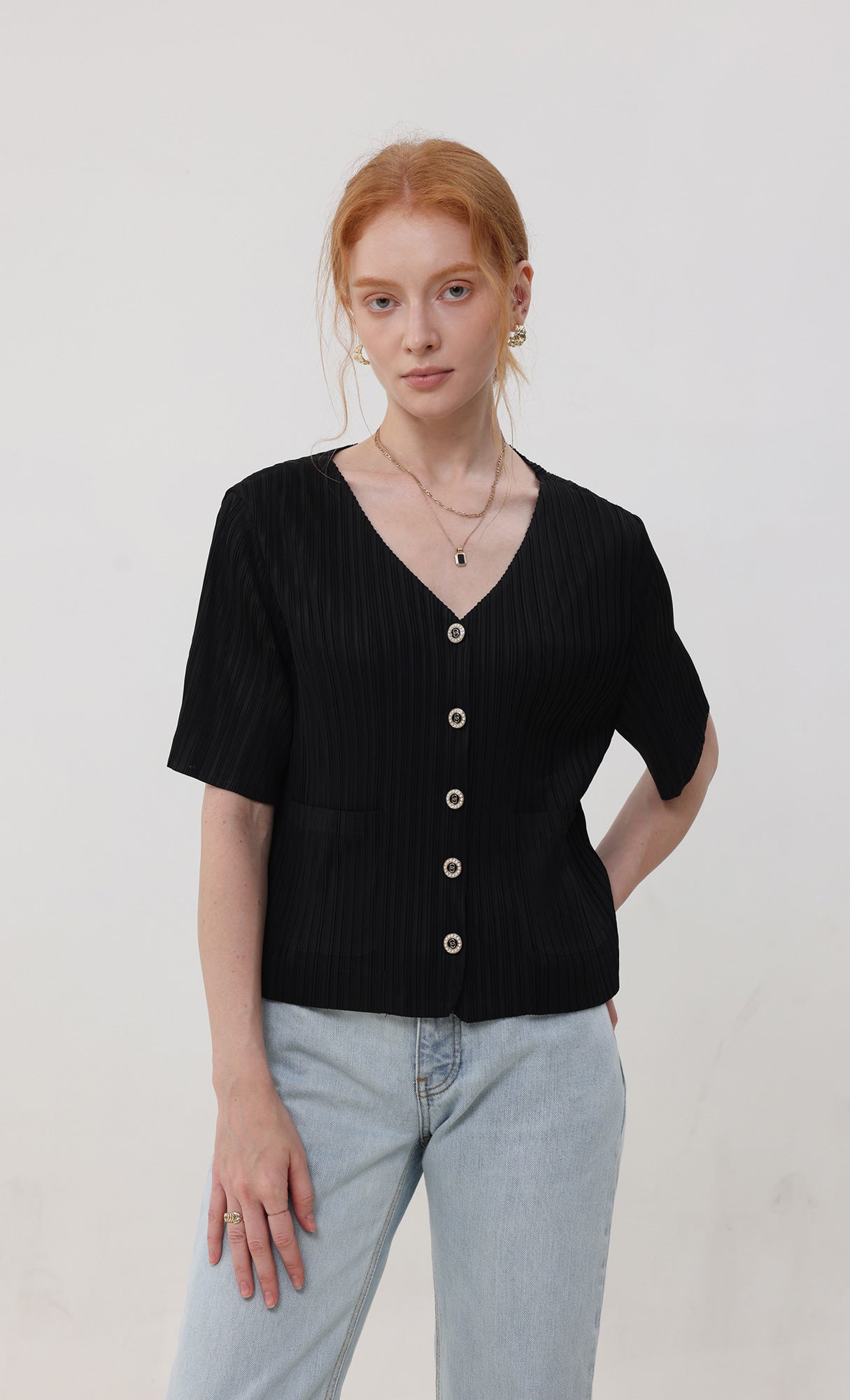 Button pleated short-sleeve top_black