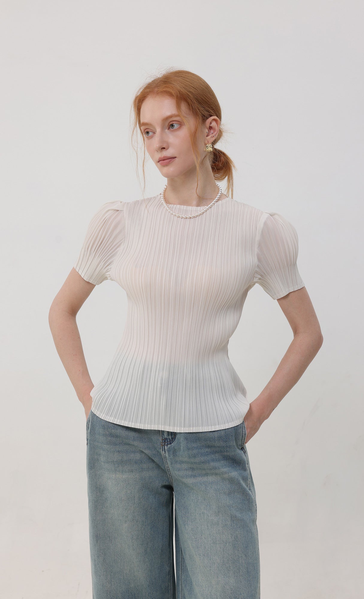 Mellow pleated half sleeve top_ivory